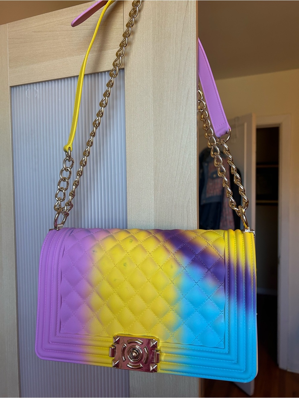 Multicolor Quilted Chain Shoulder Bag - Pink, Yellow & Blue